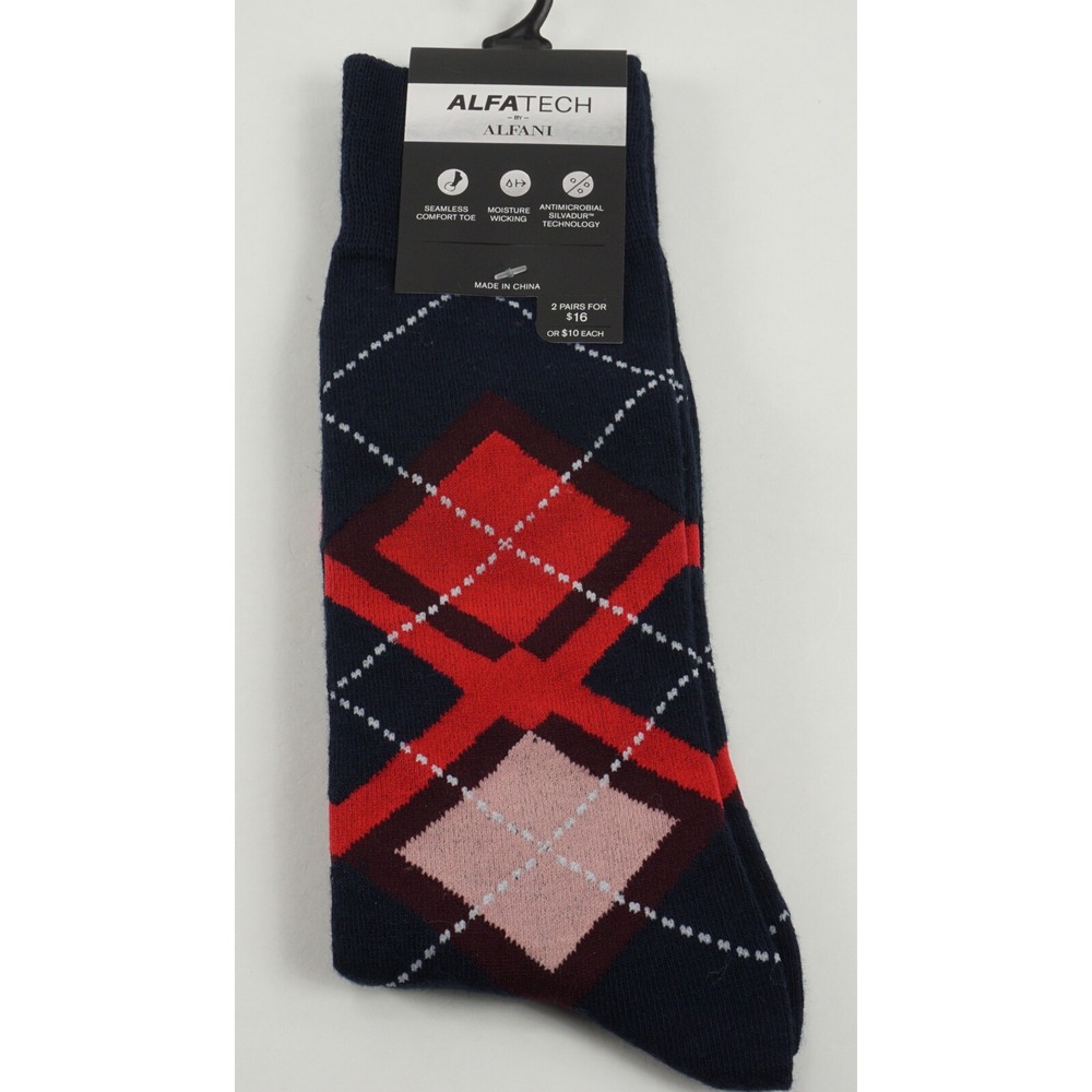 1 Pair of New Alfani Men's 7-12 Blue Red Argyle Seamless Antimicrobial Socks